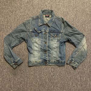 Vintage Y2K Angel Denim Trucker Jacket Women’s Size Small Crop Sand Wash 094